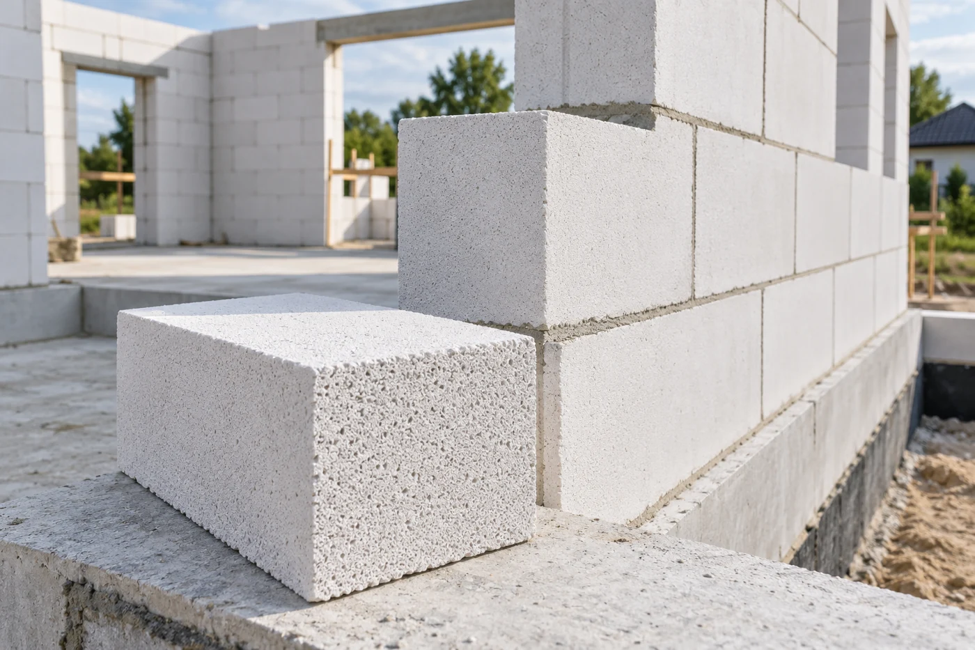 Muro de bloques blancos de hormigón celular en fase de construcción · Imagen ilustrativa
